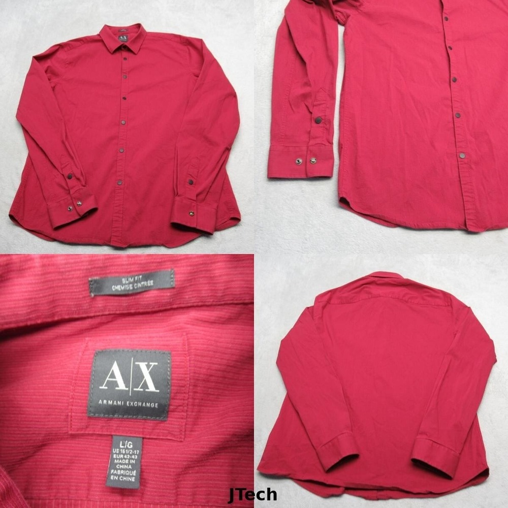 Armani Exchange Snap Shirt Men Large Red Striped Ribbed Slim Long Sleeve Button